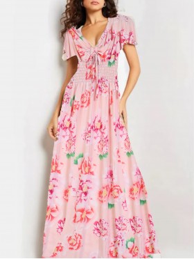 Floral V -Neck Short Sleeved Summer Dress